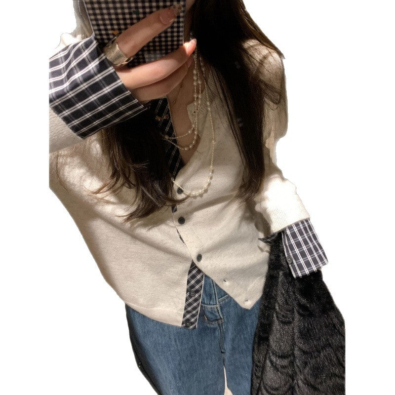 KANING Lattice Splicing Two Knitted Cardigan Women 2026 Autumn And Winter New Lazy Sweater Top Coat