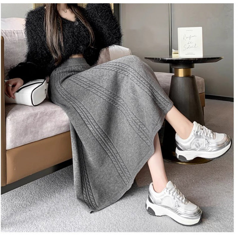 KANING Knitted Wool Skirt Half-Dress 2026 Autumn And Winter New Long Thicker Folding Skirt