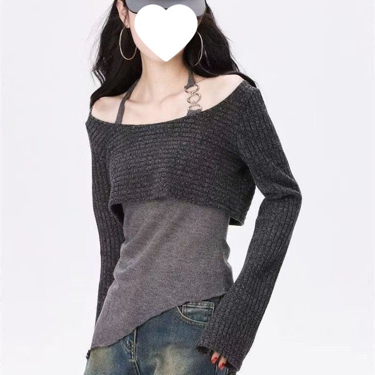 2025 Autumn Sling New Women's Design Slim Long Sleeve Irregular Two Sets Of Thin Hooded Shirts Niche