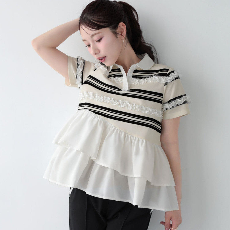 New Summer Cotton Striped Short-Sleeved Splicing Lotus Side Coat Fashion High-End Breathable Top