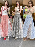 Korean Sweet Lace Spliced Red Lattice Half-Body Skirt Spring And Summer New College Style A Long Skirt