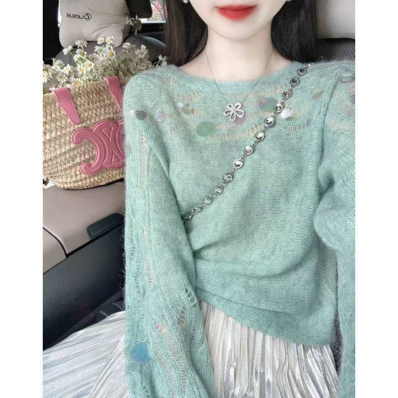 New On Spring XUAN XIAO JIE Dopamine Green Sleenquin Knitwear