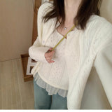 3.8/Spring New XUAN XIAO JIE Yellow Lace Splicing Vest Knitted Two-Piece Set