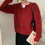 Horn Buckle Short Jersey Sweater Autumn And Winter New Knitted Cardigan Jacket Round Neck Solid Knitted Shirt Woman
