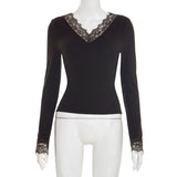 Purely Sexy New V-Neck Lace Lace Long-Sleeved T-Shirt Girl Spring And Autumn Hottie Slim Slimming Bottom Top Woman Tide