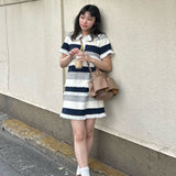 Real Shooting A Large Number Of Goods Summer New Lace Splicing Lace Knitted Doll Collar Short-Sleeved Skirt Striped Skirt