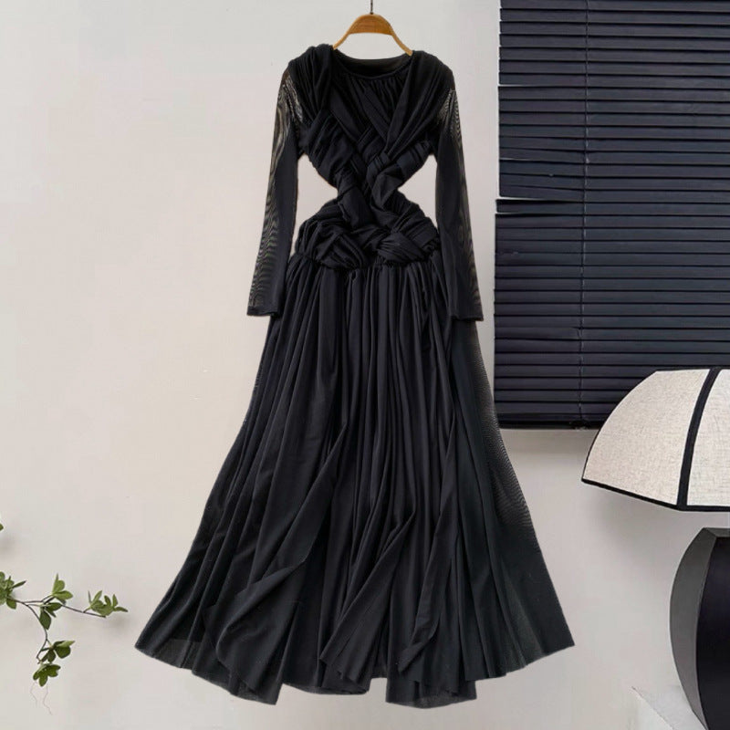 Design Pressure Folded Waist Thin Temperament Light Style Women's Spring New French Dress Long Folded Dress