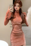 Korean Version Of The Fashion Half-High Collar Gold Velvet Dress Women Autumn Pure Desire Hot Girl Sexy Tight Inside The Ass Skirt