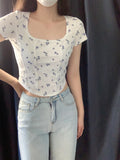 2026 Summer Design Sense Collar Short-Sleeved T-Shirt Women's Fish Bone Line T-Shirt Umbilly Umbilly Short Floral Blouse