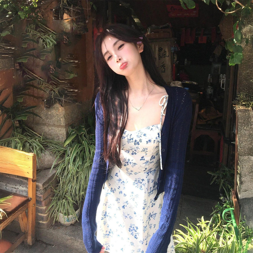 Pecoeul* Smart Temperament French Sweet Broken Flower Sling Dress Women's Waist Tea Break Skirt
