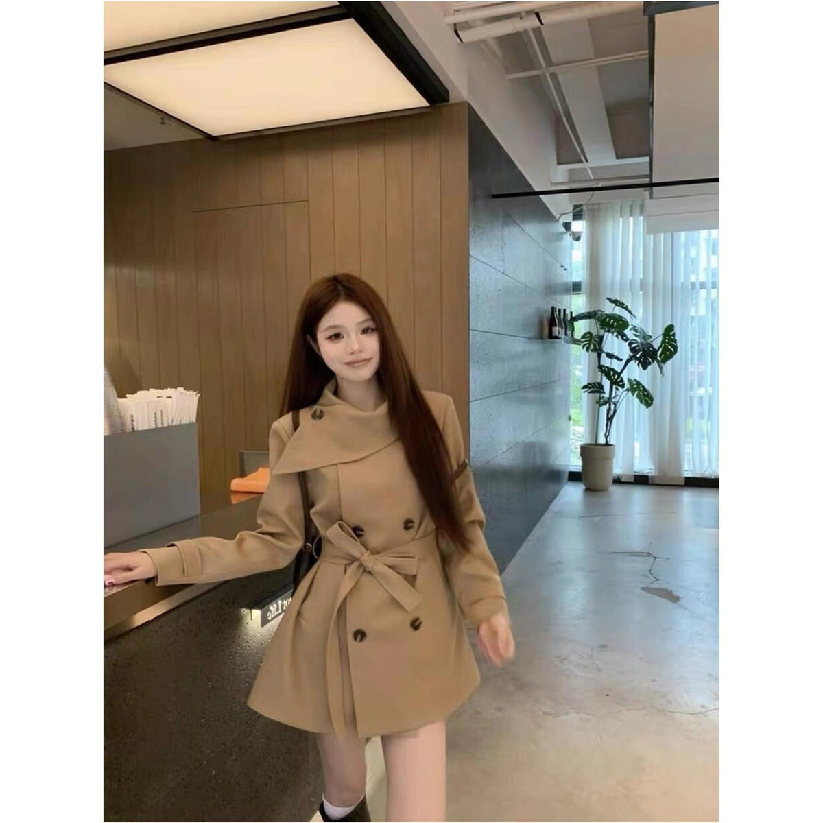 British Wind Double Buckle Collar Jacket Women Autumn Strap Loose Long Temperament Casual Cardigan Top