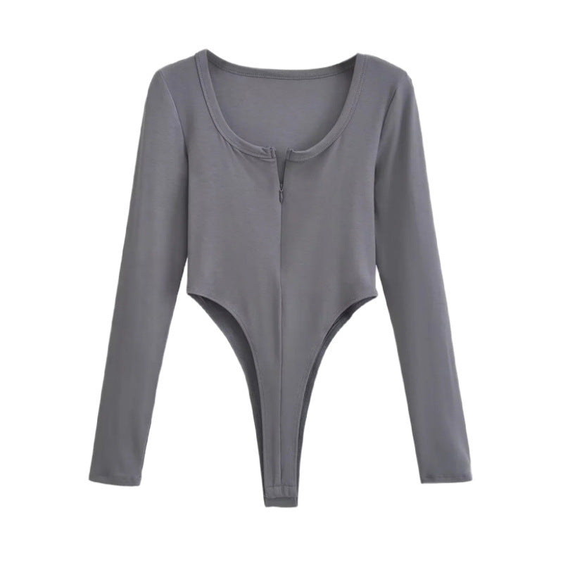 Women's Retro U-Neck Half-Neck Long-Sleeved Blouse Hottie Solid-Colored Sexy Bottom T-Shirt