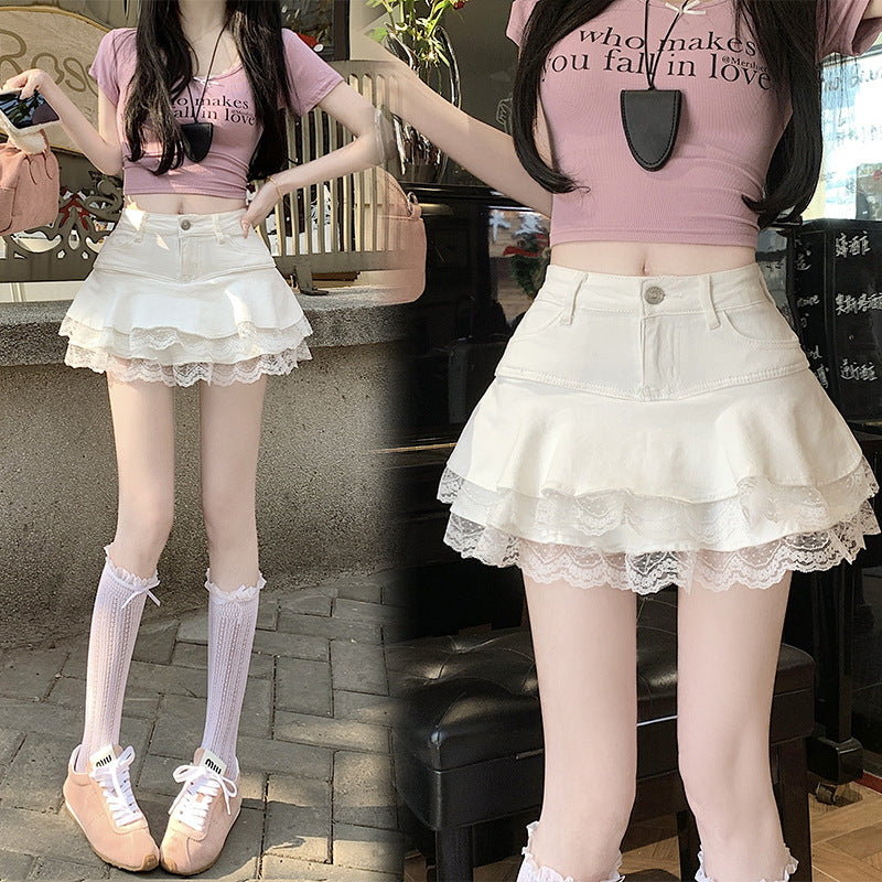 Real Shooting 2025 Pure-Hearted Hottie Design Elastic Denim Cake 100-Folded Skirt Skirt