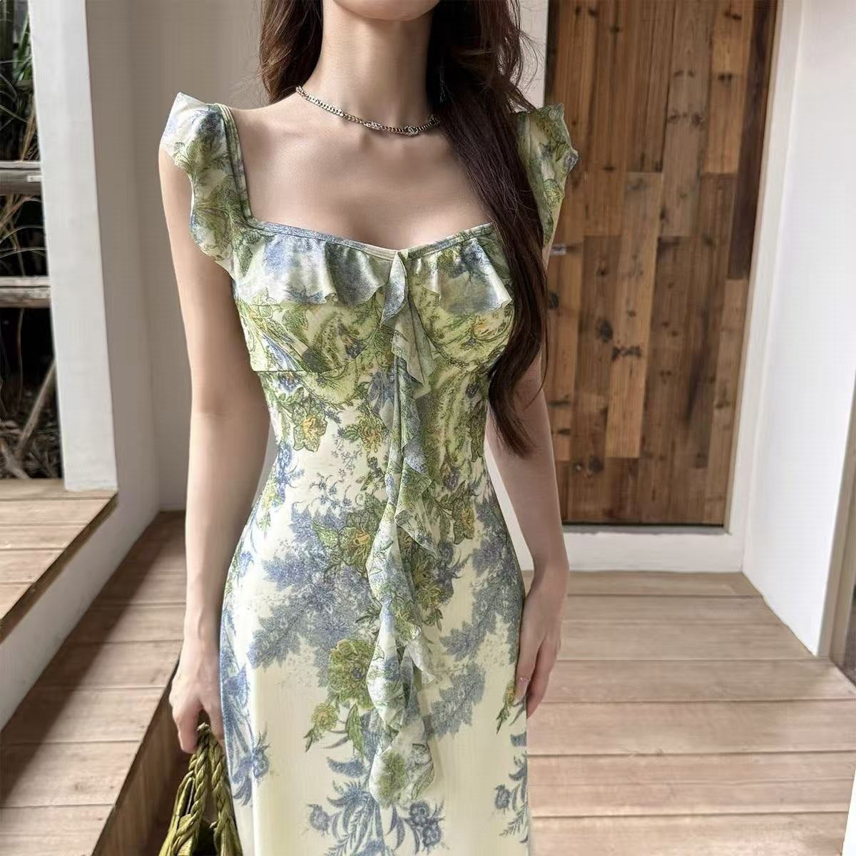 New Sensing Fengfeng High-Sensing Printed Flying Sleeve Dresses Women's Summer Bags And Buses Long Dresses