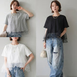 Multiplication A Large Number Of Light Retro Mesh Splicing T-Shirt Women Round Collar Three-Dimensional Design Commuting Level Sense On The Sense Of The Level