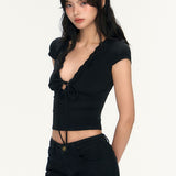 Pure-Want-Style Sexy Lace Splicing V-Neck Short-Sleeved T-Shirt Women's Summer Design Sense Slimming Short Dress