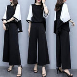 Fashion Spring And Summer Casual Style Set Splicing Color Loose Seven-Sleeve Round Neck T-Shirt Top + Wide Leg Pants