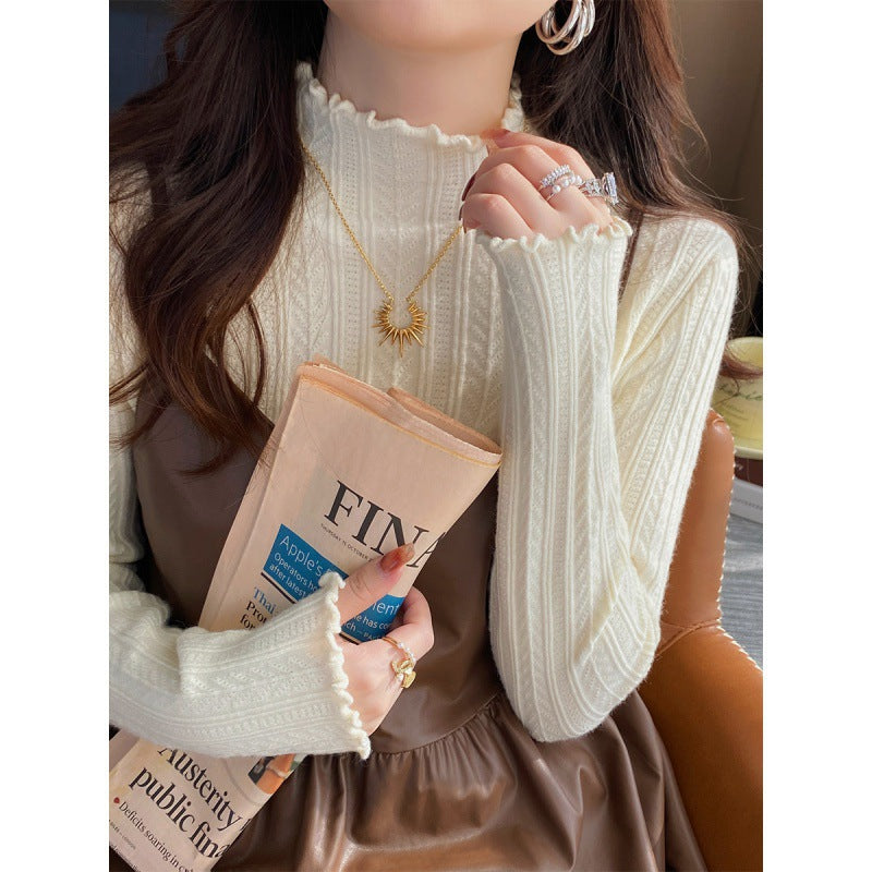 KANING Solid-Colored Semi-High-Necked Knitted Shirt 2026 Autumn And Winter New Wood Ear-Sideded Sweater