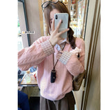 KANING Korean Version Of Splicing Lattice Fake Two Design Sense Of Loose Leisure Long-Sleeved Sweater New Knitted Shirt
