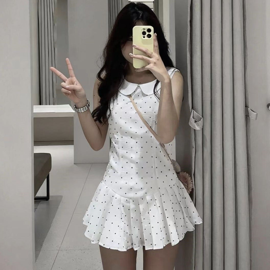 French Style Temperament White Wave Dot Doll Collar Vest Dress Girl Small Waist Thin 100-Fold Short Skirt