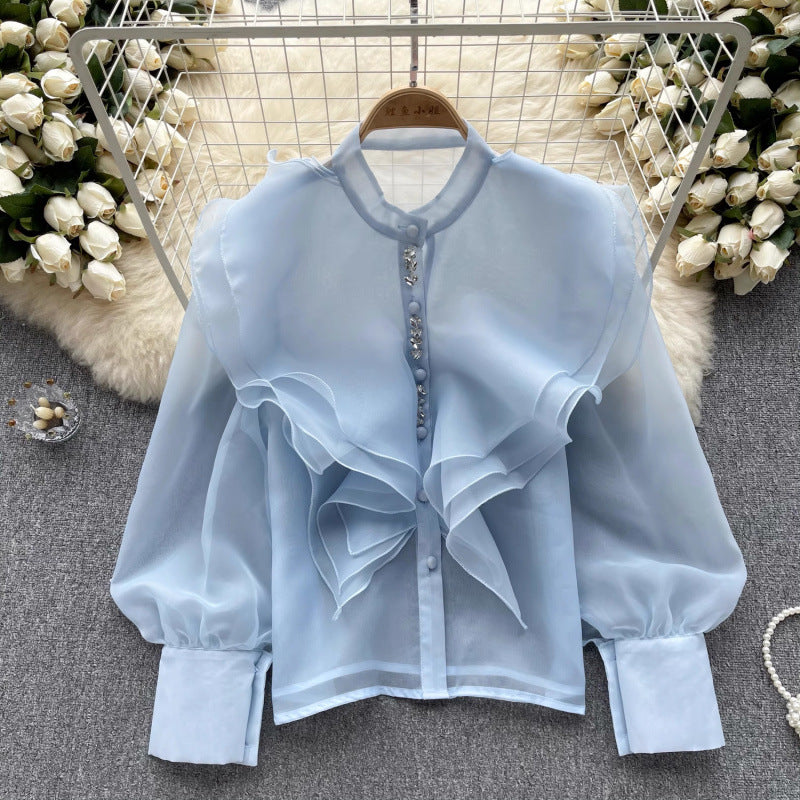 Autumn New Light Luxury Fairy Wind Lotus Leaf Side Long-Sleeved Shirt Female Mesh Design High-End Temperament Blouse
