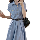 New French High-End Blue Striped Shirt Dress Female Summer Polo Dress