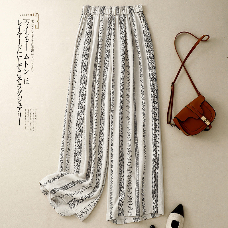 In The Summer Of 2025, The New Printed Cotton And Hemp Literature And Art Relaxed Leisurely Broad Leg Pants Women