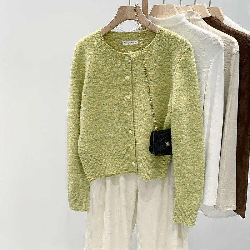 KANING Solid Color Simple Round-Neck Knitted Cardigan Women's New Oceanic Design Sweater T-Shirt 2026 Autumn And Winter