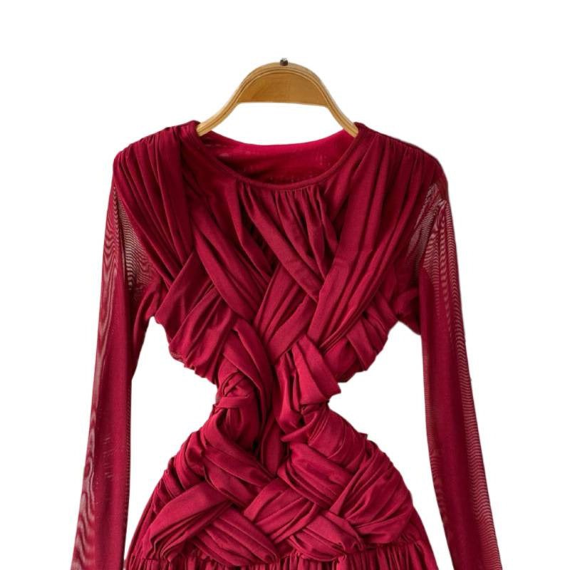Design Pressure Folded Waist Thin Temperament Light Style Women's Spring New French Dress Long Folded Dress
