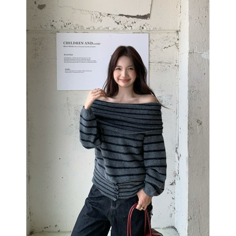 Kumikumi Languized Shoulder-Striped Long-Sleeved Sweater Women's Autumn Free-Lost Thin New Top