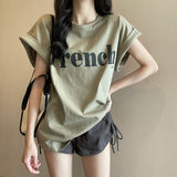Ins Pure Want To Print The Shoulder Short-Sleeved T-Shirt Women's Summer Korean Version Of The New Loose Round-Neck Short-Sleeved Bottom Women's T-Shirt Tide