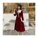New Christmas And Autumn Winter French Dresses Women's Red Waist Temperament Long-Sleeved Hepburn-Style Dress