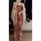 Vintage Dizzling Ink Lace Side Sling Skirt Shawl Set New Lightly Fashionable French Dress Summer