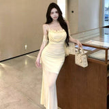 Sexy Bare-Backed Fairy Net Yarn Spliced Flower Sling Dress Woman Summer Small Suplet Fishtail Dress