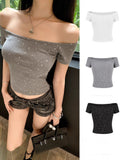 Ins Pure Passion Hottie Personality Short-Word Shoulder Short-Sleeved T-Shirt Girl Summer New Body-Bottomed Top Woman Tide