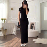Women's Summer Dress Sexy Temperament Pure Round Collar Short-Sleeved Long Women's Dress Dress