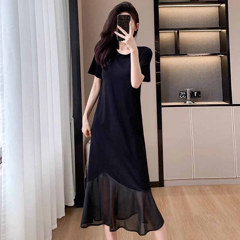 Irregular Bumpy Patchwork Short-Sleeved Dress Women's Design Sense Loose Thin Round Collar T-Shirt Dress New