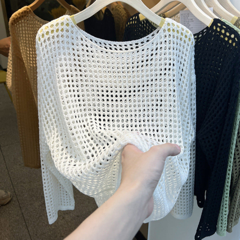 Kaning Long-Sleeved Hollow Knitted Net Shirt Women 2026 Summer And Autumn New Mesh Hooding