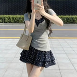 Early Summer Wear Sweet Hottie Pure Breeze Half-Neck Gray Short-Sleeved T-Shirt + Broken Flower Sling Skirt Skirt Two Sets Of Women