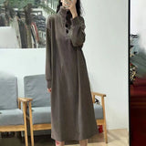 Autumn And Winter Commute Wind Solid Color Button High-Collar Dress Women Loose Waist Cover Meat Age Over The Knee Long Clock Dress