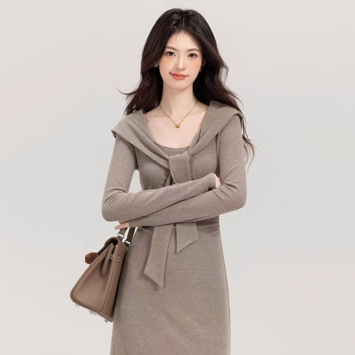 2025 New Solid Color Ouyang Early Autumn Lazy Long Dress Commuting Waist Design Slim Dress