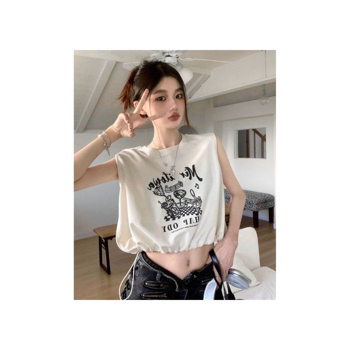 Vintage Babes Shoulderless T-Shirt Girl Summer Small Loose Thin Short Rope Waistcoat