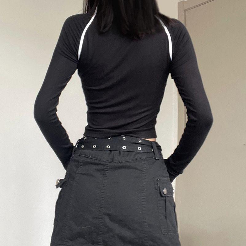 Spring Hottie Style Sexy Colliding Color Splicing Long-Sleeved T-Shirt Female Korean Version Design Tight Inside A Short Top Tide