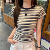 Vintage Ramming Striped Design Sense Fashion In Short-Sleeved T-Shirt Girl Summer Slimming Bottom Top Girl T-Shirt Tide