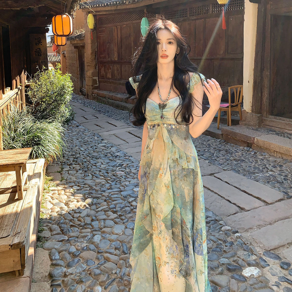 French-Style Flotation Summer Sling Dress With 2026 Summer New Waist Tourism Long Dress