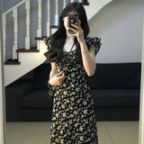 Tea Break French Hepburn Black Broken Flower Dress Women Summer 2025 New Temperament Waist Dress