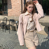 Vintage Round Collar Leather Jacket Woman 2026 Autumn New Korean Loose Leisure Short Pink Top Woman