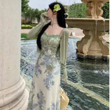 Pure Lust Lace Stitching Print Sling Dress Women's Summer French Temperament Holiday Dress Opener Two Sets