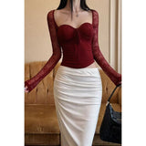 Vintage Wine Red Lace Spliced Long-Sleeved T-Shirts For Girls In The Spring New Slimming Niche Tops