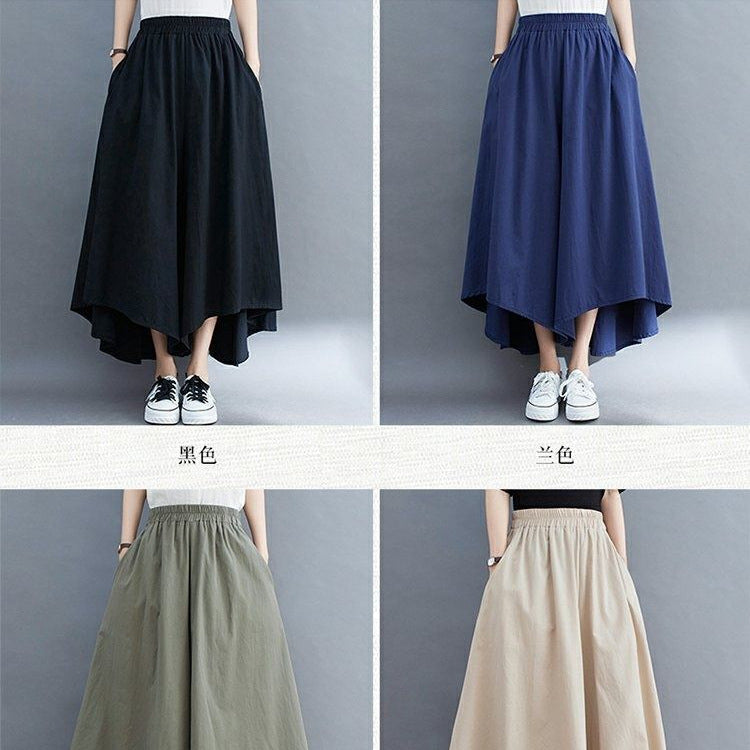 Summer Large-Size Women's Fat Mm Wrinkled Solid Color Pocket Nine-Pointed Trousers Loose Skirts Casual Wind Irregular Broad Leggings